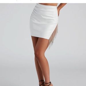 White Leather fringe mini skirt